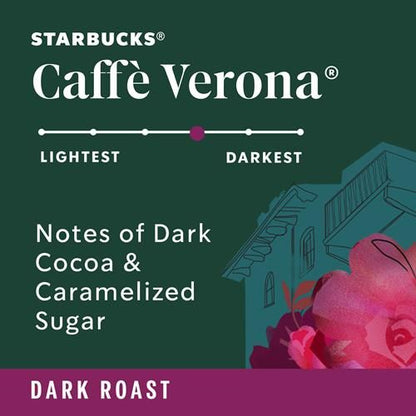 Bag of ByBies Starbucks Dark Roast Coffee, Caffè Verona, 100% Arabica ground coffee in a 12 oz package.