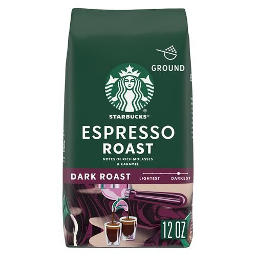 ByBies Starbucks Dark Roast Ground Coffee, Espresso Roast, 12 oz bag, made with 100% Arabica coffee beans.