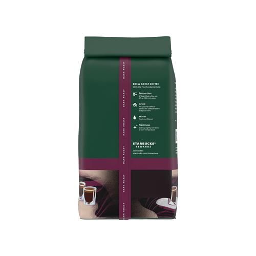 ByBies Starbucks Dark Roast Ground Coffee, 12 oz bag with espresso roast, 100% Arabica coffee in a sealed package.