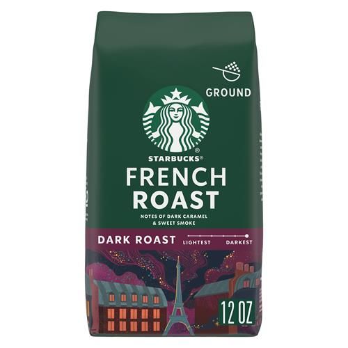 Starbucks Dark Roast French Roast Ground Coffee by Bies, 12 oz bag, 100% Arabica coffee in a sealed package.