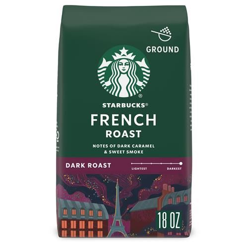 ByBies Starbucks Dark Roast Ground Coffee French Roast 100% Arabica in 18 oz bag, highlighting the coffee bag and branding
