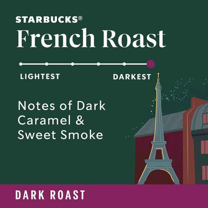 ByBies Starbucks Dark Roast Ground Coffee French Roast 18 oz bag, 100% Arabica coffee in a sealed package.