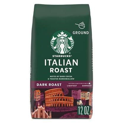 Starbucks Dark Roast Italian Ground Coffee by ByBies, 12 oz bag, 100% Arabica coffee with rich, bold flavor.