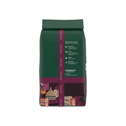 Starbucks Dark Roast Italian Coffee by ByBies, 12 oz ground Arabica coffee bag with rich, bold flavor.