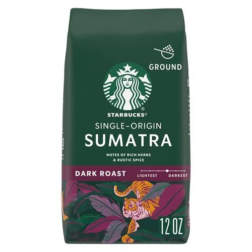 Bag of ByBies Starbucks Dark Roast Ground Coffee, Sumatra 100% Arabica, 12 oz package with coffee grounds visible.