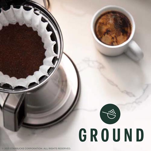 Starbucks Dark Roast Ground Coffee, Sumatra 100% Arabica, 12 oz bag from ByBies, with coffee bag and branding visible.