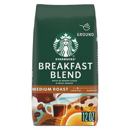 ByBies Starbucks Ground Coffee, Medium Roast Breakfast Blend, 100% Arabica, 12 oz bag, fresh ground coffee for brewing.