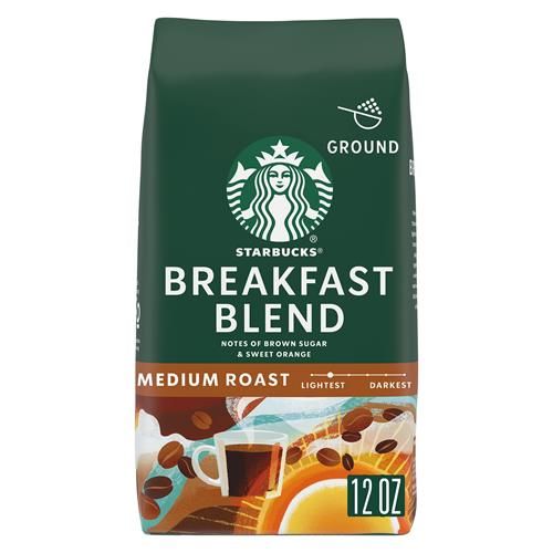 ByBies Starbucks Ground Coffee, Medium Roast Breakfast Blend, 100% Arabica, 12 oz bag, fresh ground coffee for brewing.
