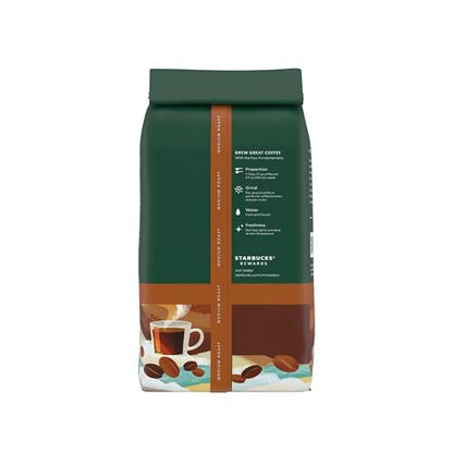 ByBies Starbucks Medium Roast Ground Coffee Breakfast Blend 100% Arabica in an 18 oz bag, ready for brewing.