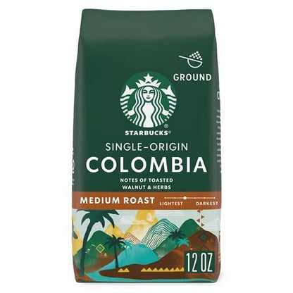 Starbies Ground Coffee, Colombia Medium Roast, 100% Arabica, 12 oz bag, natural coffee beans in a bag with label