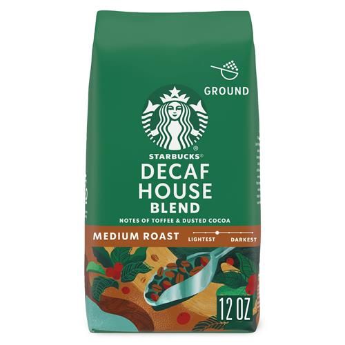 ByBies Starbucks Ground Coffee, medium roast decaf House Blend, 100% Arabica, 12 oz bag, fresh coffee for brewing.