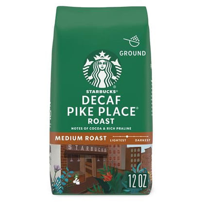 ByBies Starbucks Decaf Pike Place Roast Ground Coffee, 12 oz bag, medium roast, 100% Arabica coffee.
