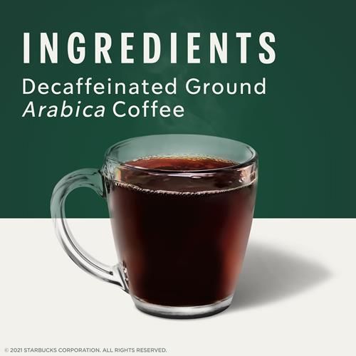 ByBies Starbucks Ground Coffee, Decaf Pike Place Roast, 12 oz bag of medium roast 100% Arabica coffee with ground beans.