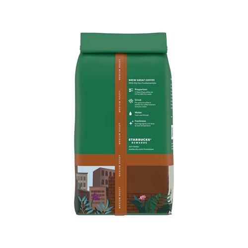 ByBies Starbucks Ground Coffee, Decaf Pike Place Roast, 12 oz bag of medium roast 100% Arabica coffee, fresh ground in the image.