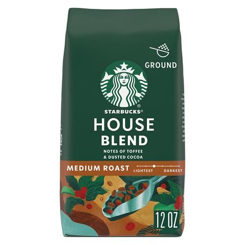 ByBies Starbucks Medium Roast Ground Coffee, House Blend, 100% Arabica, 12 oz bag, fresh coffee grounds in a sealed bag.