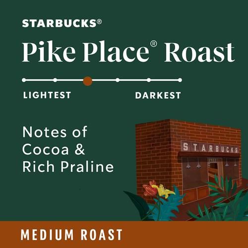 ByBies Starbucks Pike Place Roast ground coffee in 12 oz bag, medium roast with 100% Arabica beans, fresh and aromatic.