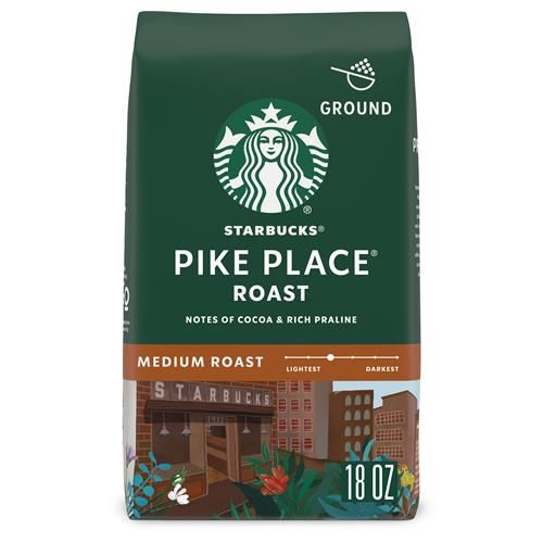 ByBies Starbucks Pike Place Roast Ground Coffee, medium roast, 100% Arabica, 18 oz bag, natural coffee beans.