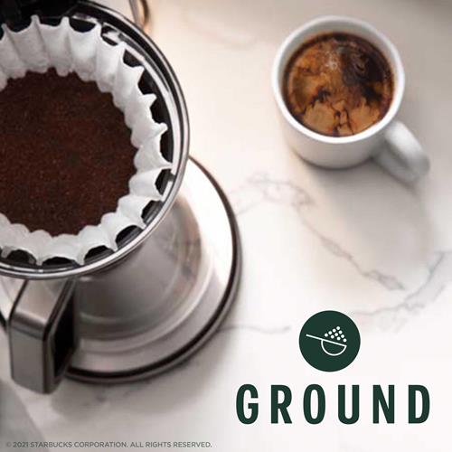 ByBies Starbucks Pike Place Roast Ground Coffee, medium roast, 100% Arabica, 18 oz bag, fresh coffee beans in packaging.