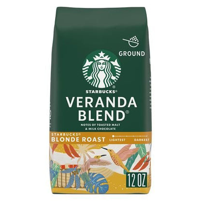 ByBies Starbucks Blonde Roast Ground Coffee Veranda Blend in 12 oz bag, 100% Arabica coffee with fresh, aromatic grounds.