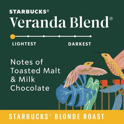ByBies Starbucks Blonde Roast Ground Coffee Veranda Blend, 12 oz bag featuring Arabica beans and clear product packaging.