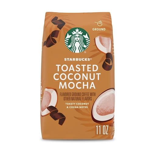ByBies Starbucks Toasted Coconut Mocha Ground Coffee, 11 oz Arabica flavor bag with coffee beans and packaging visible.