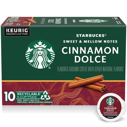 ByBies Starbucks Cinnamon Dolce K-Cup coffee pods in a box of 10, featuring naturally flavored 100% Arabica coffee.