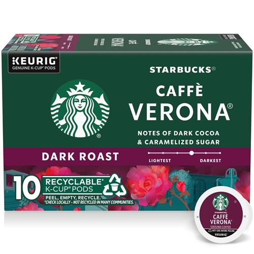 Starbucks Caffè Verona dark roast K-Cup coffee pods by ByBies, 100% Arabica, 10-pack in a box with 10 single-serve coffee pods