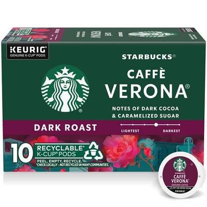 Starbucks Caffè Verona dark roast K-Cup coffee pods by ByBies, 100% Arabica, 10-pack in a box with 10 single-serve coffee pods