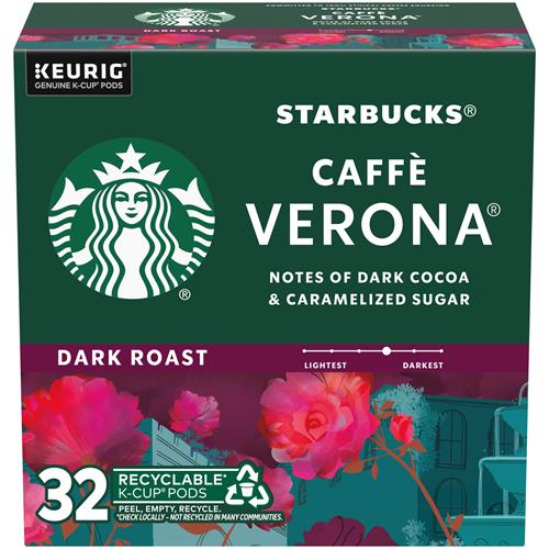 ByBies Starbucks K-Cup coffee pods featuring dark roast Caffè Verona flavor, 32 100% Arabica coffee pods in a single pack.