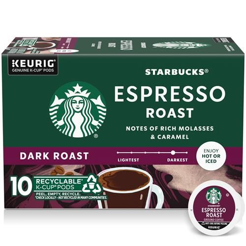 ByBies Starbucks K-Cup coffee pods with dark roast espresso flavor, 100% Arabica, in a box of 10 for Keurig coffee makers.