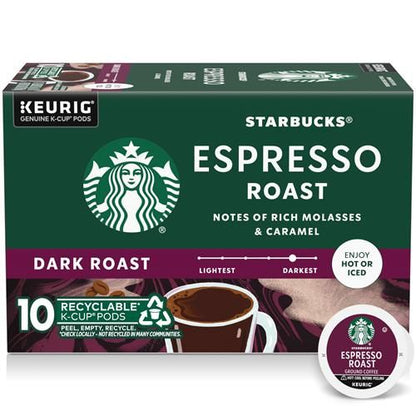 ByBies Starbucks K-Cup coffee pods with dark roast espresso flavor, 100% Arabica, in a box of 10 for Keurig coffee makers.