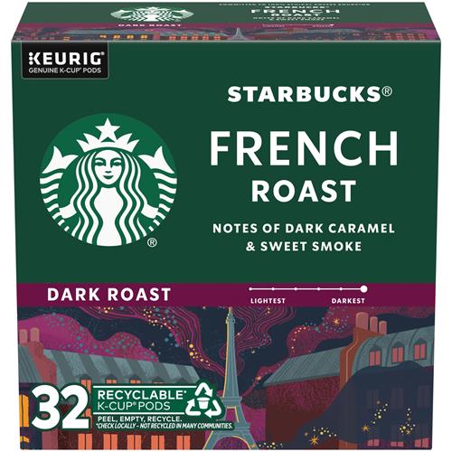 ByBies Starbucks K-Cup coffee pods, dark roast French Roast, 100% Arabica, one box of 32 pods, for Keurig coffee makers.