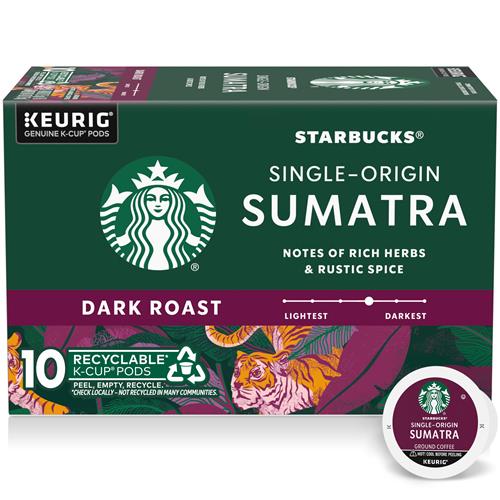 Starbucks K-Cup coffee pods by ByBies featuring dark roast Sumatra 100% Arabica coffee, 10 pods in a box.