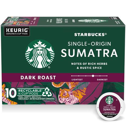 Starbucks K-Cup coffee pods by ByBies featuring dark roast Sumatra 100% Arabica coffee, 10 pods in a box.