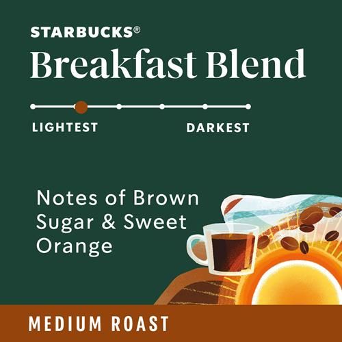ByBies Starbucks K-Cup coffee pods, medium roast Breakfast Blend, 100% Arabica, 1 box with 10 single-serve coffee pods.