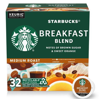 ByBies Starbucks K-Cup coffee pods, medium roast Breakfast Blend with 100% Arabica beans, in a box of 32 single-serving pods.