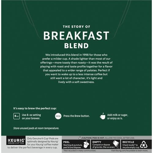 ByBies Starbucks K-Cup coffee pods, medium roast Breakfast Blend with 100% Arabica, 32 pods in a box, for Keurig brewers.
