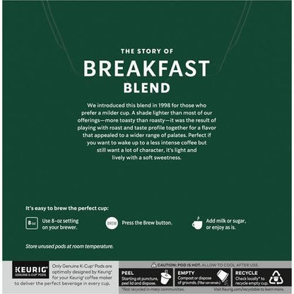 ByBies Starbucks K-Cup coffee pods, medium roast Breakfast Blend with 100% Arabica, 32 pods in a box, for Keurig brewers.