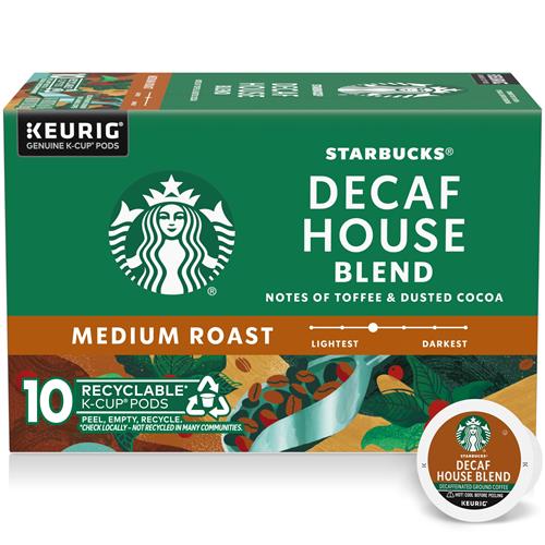 ByBies Starbucks K-Cup coffee pods, medium roast decaf House Blend, 100% Arabica, 10-pack box, ready for brewing.