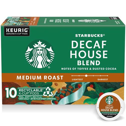 ByBies Starbucks K-Cup coffee pods, medium roast decaf House Blend, 100% Arabica, 10-pack box, ready for brewing.