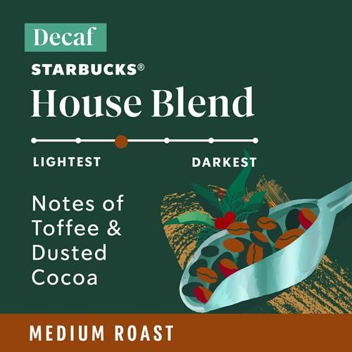 Starbucks K-Cup coffee pods featuring medium roast decaf House Blend, 100% Arabica, by ByBies, 10 pods in a box.
