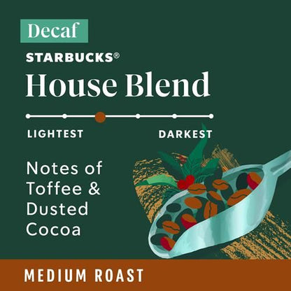 Starbucks K-Cup coffee pods featuring medium roast decaf House Blend, 100% Arabica, by ByBies, 10 pods in a box.