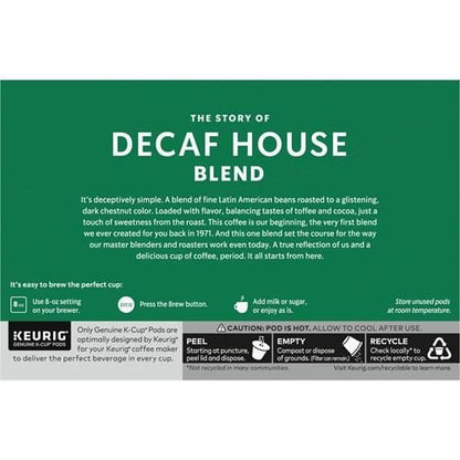 ByBies Starbucks K-Cup coffee pods box with 10 medium roast decaf House Blend Arabica coffee pods, ideal for Keurig brewers.