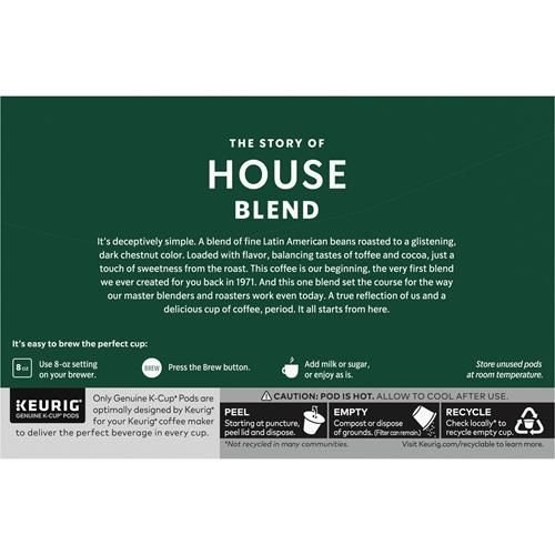 ByBies Starbucks K-Cup coffee pods with medium roast House Blend, 100% Arabica, 10 pods in a box, ready for brewing.