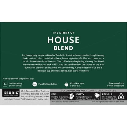 ByBies Starbucks K-Cup coffee pods with medium roast House Blend, 100% Arabica, 10 pods in a box, ready for brewing.