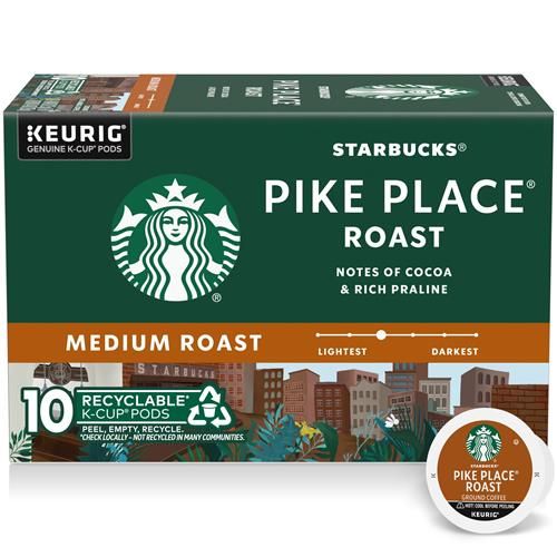 ByBies Starbucks Pike Place Roast K-Cup coffee pods in a box of 10, medium roast, 100% Arabica coffee for Keurig machines.