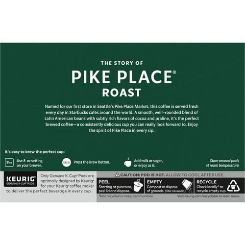 ByBies Starbucks K-Cup coffee pods, medium roast Pike Place blend in a box of 10 for Keurig coffee makers.