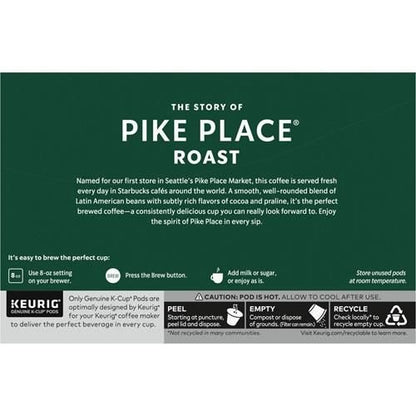 ByBies Starbucks K-Cup coffee pods, medium roast Pike Place blend in a box of 10 for Keurig coffee makers.