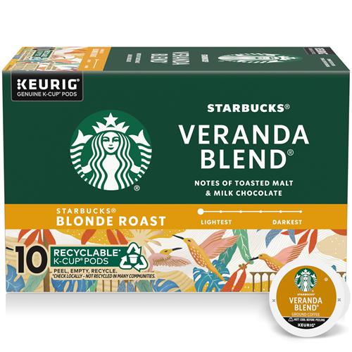 ByBies Starbucks Blonde Roast K-Cup coffee pods, Veranda Blend, 100% Arabica, one box of 10 pods.