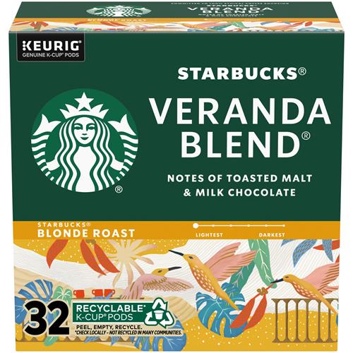 ByBies Starbucks Blonde Roast K-Cup coffee pods featuring Veranda Blend, 100% Arabica, 32-pack for single-serve coffee brewing.